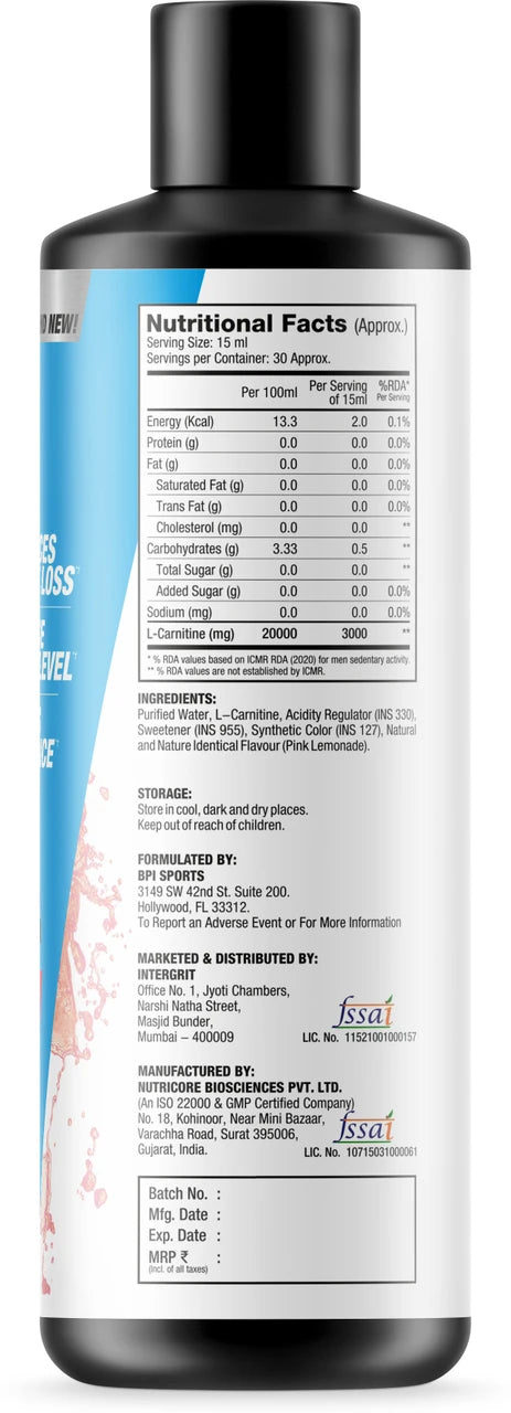 BPI Sports L-Carnitine - 450ml - 30 servings Pink Lemonade Splash