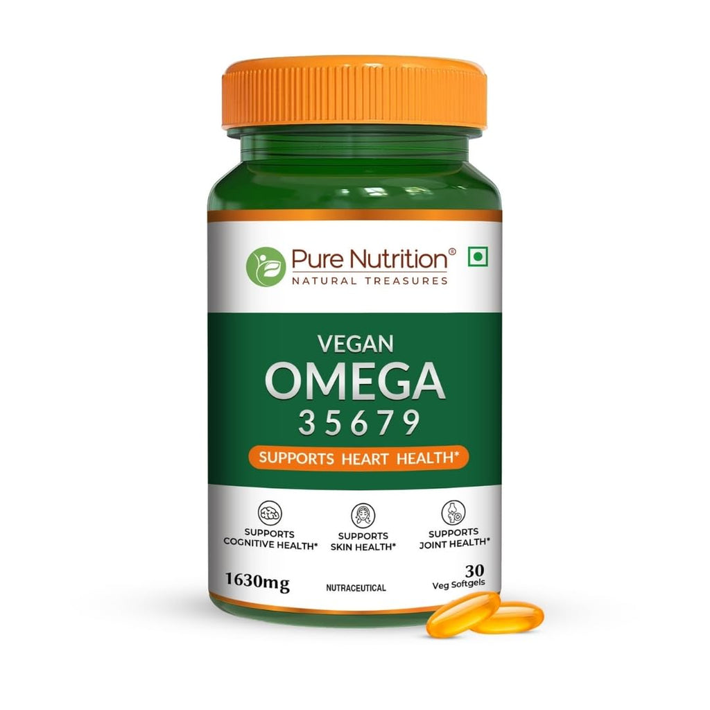 Pure Nutrition Vegan Omega 3 5 6 7 9 (30 Softgels) | Plant Based Veg Omega 3 Supplement with Blend of Seabuckthorn, Flaxseed, Pomegranate, Borage & Olive Oils | Supports Heart, Skin & Joint Health