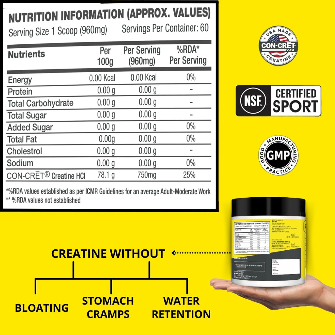 CON-CRET Concentrated Creatine | Pure Creatine HCL supports Muscle, Cognitive, Cellular Energy | USA Made & NSF Certified | 60 Micro-dosed servings | Unflavoured (45 gms)