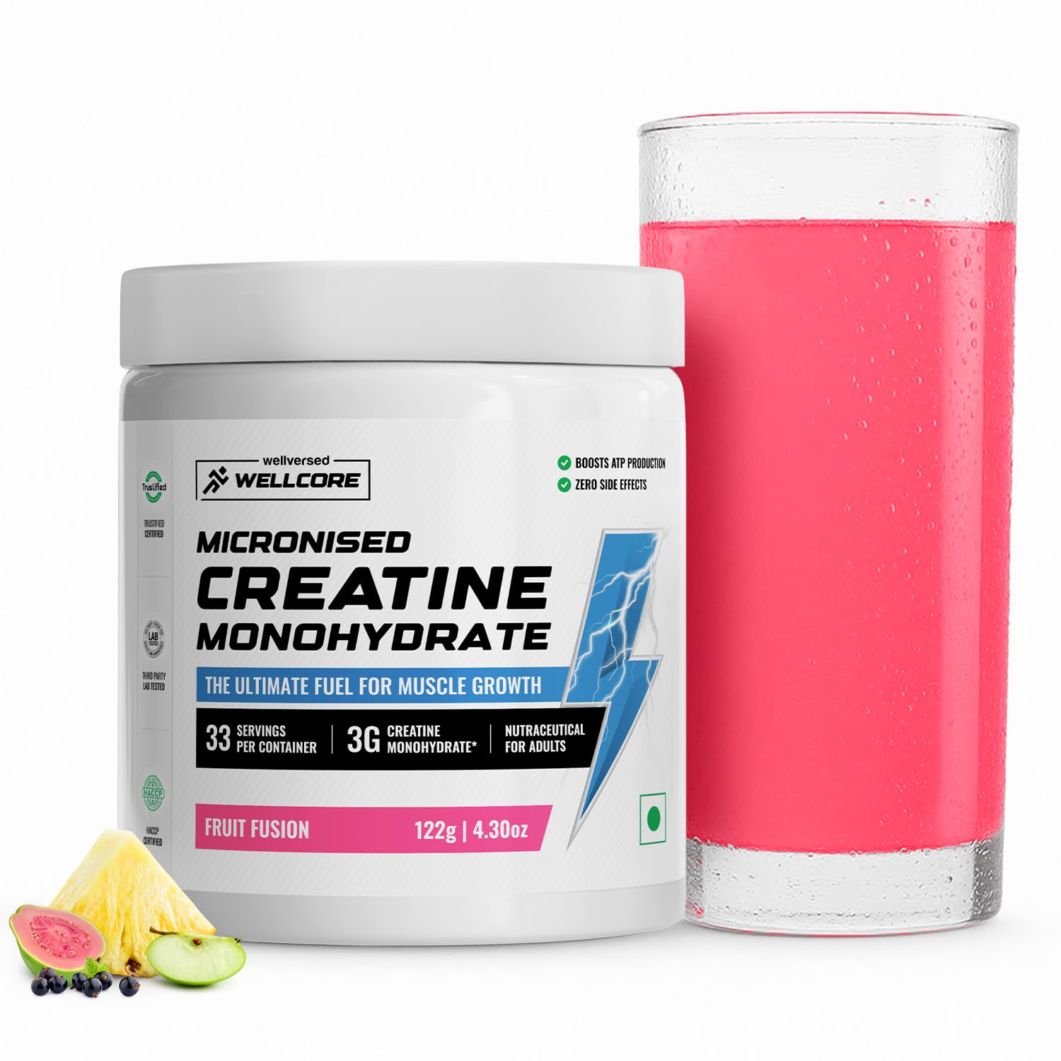 Wellcore Pure Micronised Creatine Powder (33 Servings, Fruit Fusion) For Enhanced Muscle Strength With Rapid Absorption | Creatine Monohydrate | Wellcore Creatine Flavoured - 122g