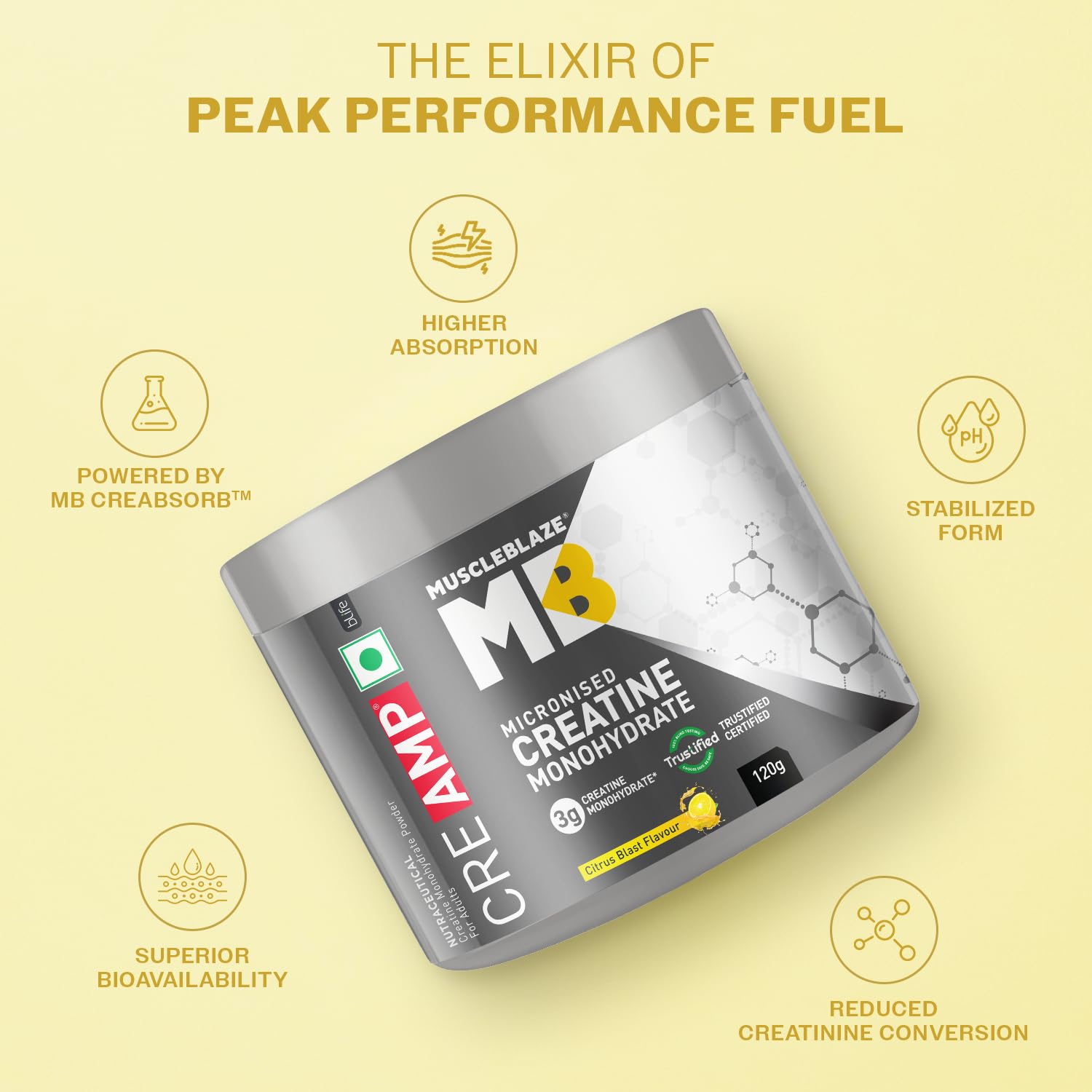 MuscleBlaze Creatine Monohydrate CreAMP Citrus Blast Flavour 120g