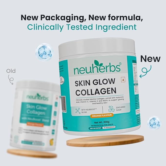 Neuherbs कोलेजन सप्लीमेंट | पुरुषों और महिलाओं के लिए मरीन स्किन ग्लो कोलेजन पेप्टाइड्स | चमकदार और युवा त्वचा के लिए हयालूरोनिक एसिड, बायोटिन, विटामिन सी और ई के साथ | ऑरेंज फ्लेवर, 200g
