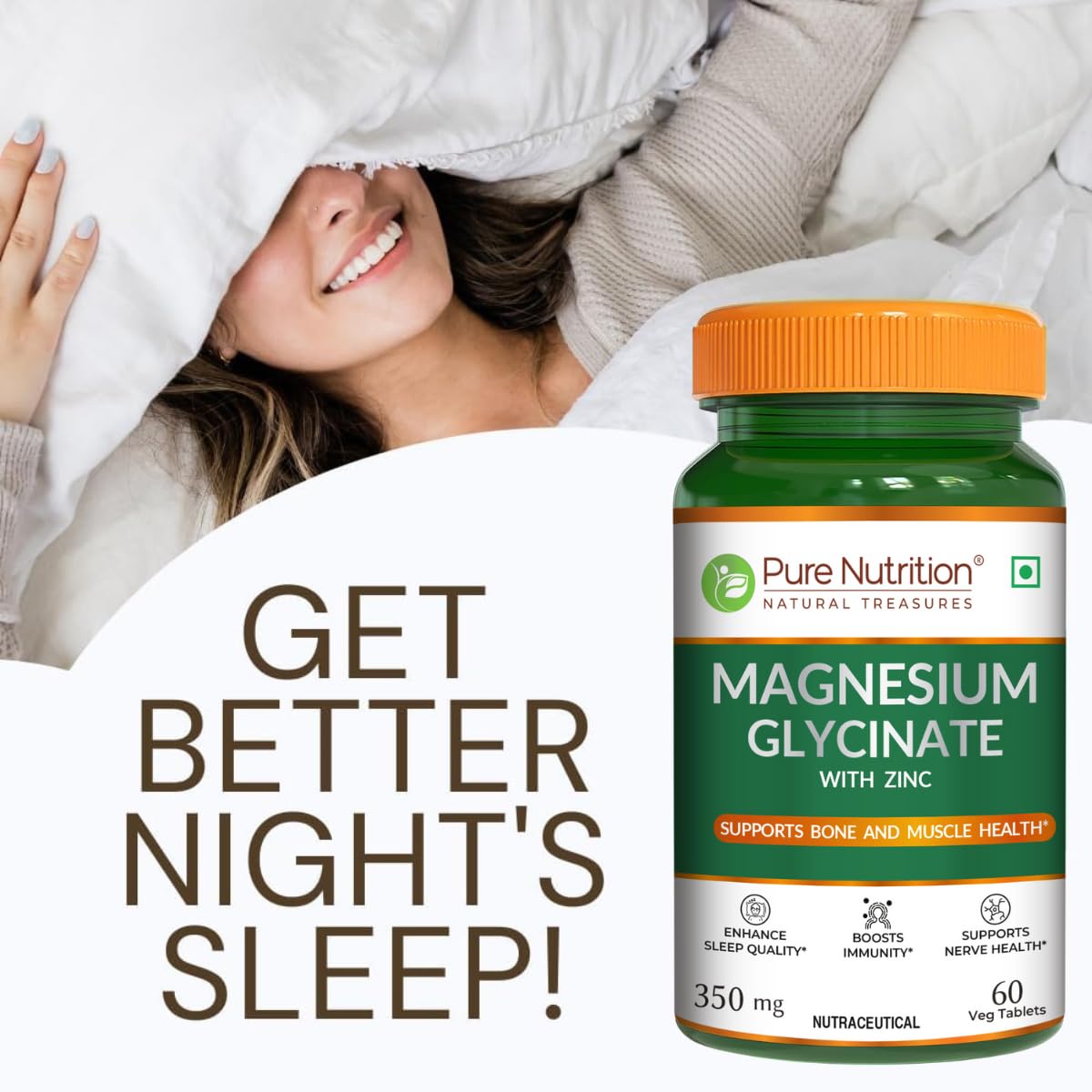Pure Nutrition Magnesium Glycinate with Zinc Supplement 350 mg - 60 Tablets | High Absorption Magnesium Supplement for Bone, Muscle & Nerve Vitality | Supports Calm, Sleep Quality & Cramp Relief