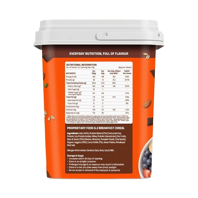 Pintola 26g High Protein Oats 2.25kg, Dark Chocolate, No Refined Sugar, with Almonds, Raisins, Pumpkin & Chia Seeds, 9.6g Fibre, Rolled Oats for Weight Loss, Breakfast Cereals | Gluten Free