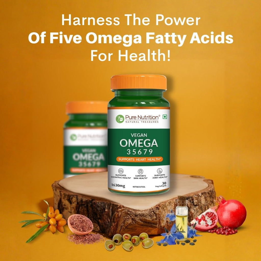 Pure Nutrition Vegan Omega 3 5 6 7 9 (30 Softgels) | Plant Based Veg Omega 3 Supplement with Blend of Seabuckthorn, Flaxseed, Pomegranate, Borage & Olive Oils | Supports Heart, Skin & Joint Health