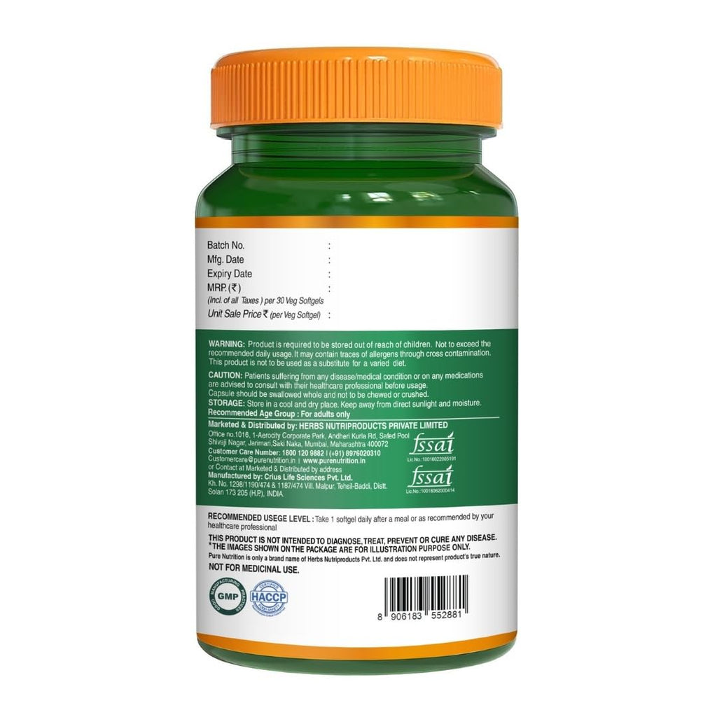 Pure Nutrition Vegan Omega 3 5 6 7 9 (30 Softgels) | Plant Based Veg Omega 3 Supplement with Blend of Seabuckthorn, Flaxseed, Pomegranate, Borage & Olive Oils | Supports Heart, Skin & Joint Health