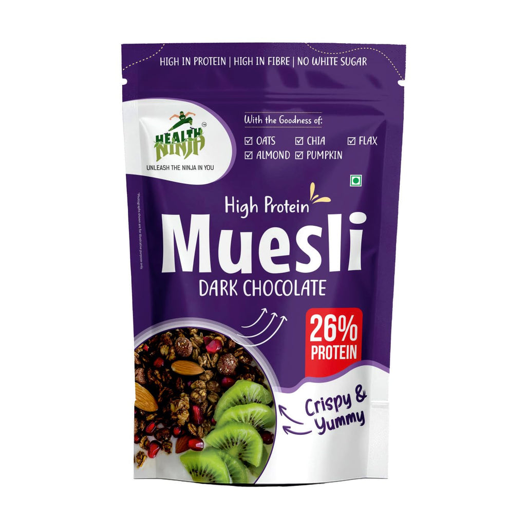 Health Ninja डार्क चॉकलेट मूसली, 900 gms | हाई प्रोटीन ब्रेकफास्ट अनाज |