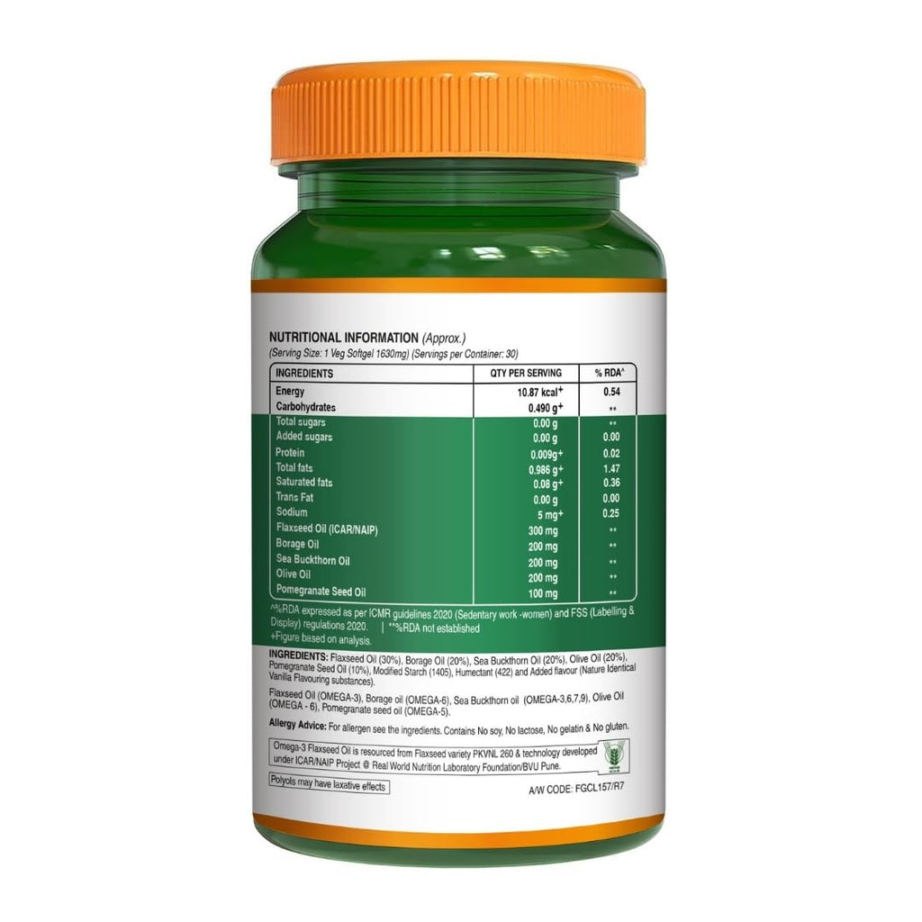 Pure Nutrition Vegan Omega 3 5 6 7 9 (30 Softgels) | Plant Based Veg Omega 3 Supplement with Blend of Seabuckthorn, Flaxseed, Pomegranate, Borage & Olive Oils | Supports Heart, Skin & Joint Health