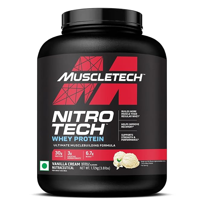 MuscleTech नाइट्रो-टेक व्हे प्रोटीन, 1.72kg (3.8lbs), वेनिला क्रीम, 30g प्रोटीन, 3g क्रिएटिन मोनोहाइड्रेट, 6.7g BCAA, परम मांसपेशी निर्माण सूत्र, शक्ति और प्रदर्शन में वृद्धि