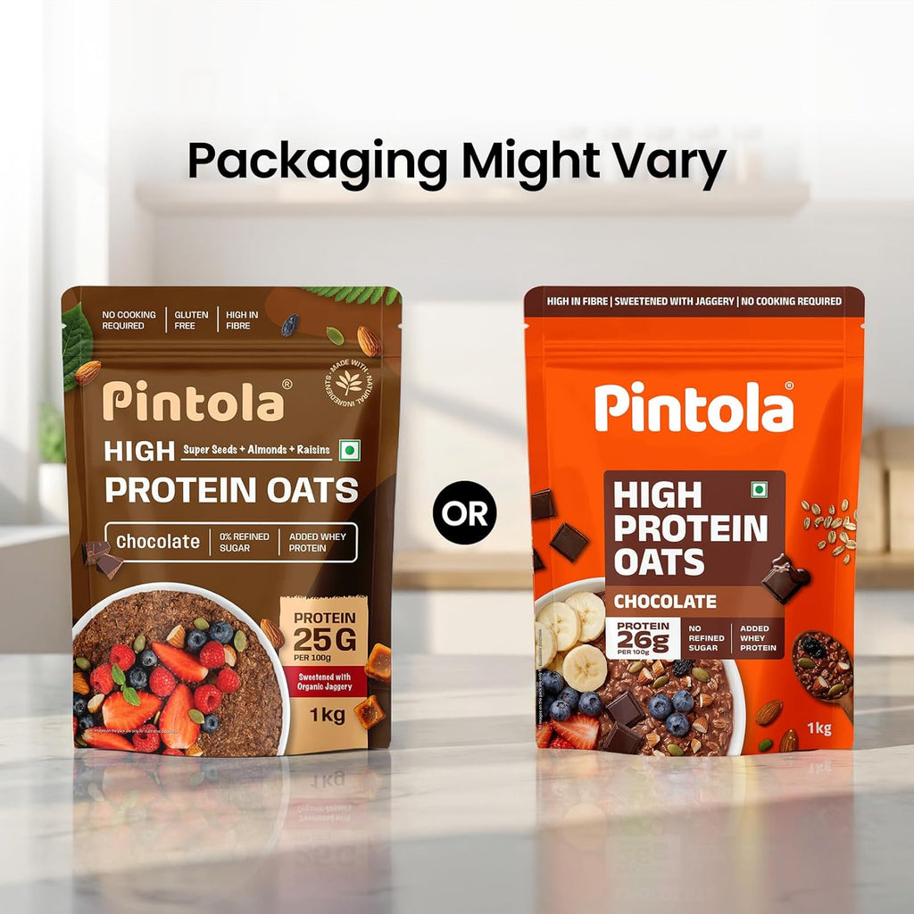 PINTOLA 26g High Protein Oats 1kg, Dark Chocolate, No Refined Sugar, with Almonds, Raisins, Pumpkin & Chia Seeds, 9.6g Fibre, Rolled Oats for Weight Loss, Breakfast Cereals | Gluten Free
