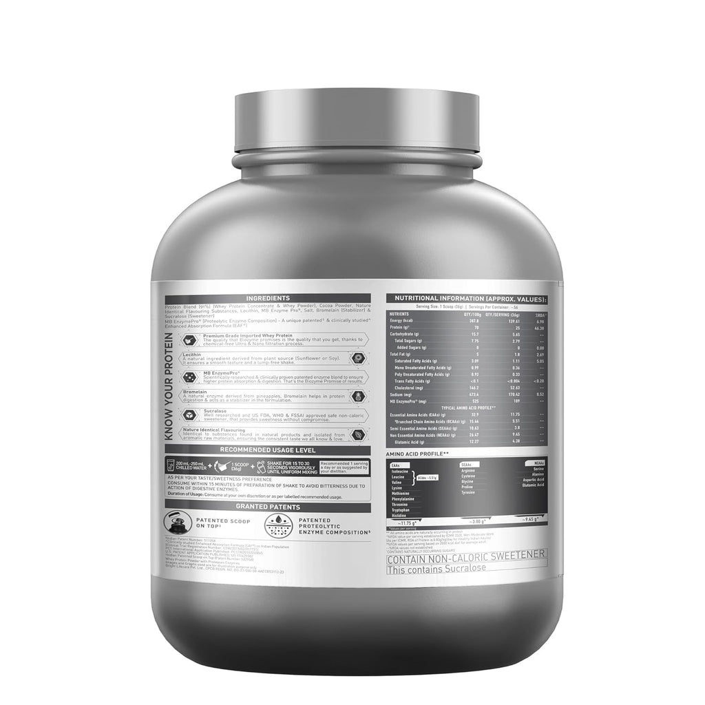 MuscleBlaze Biozyme Performance Whey Protein Powder, Rich Chocolate (2kg / 4.4lbs) | 25g Protein Per Scoop | Clinically Tested 50% Higher Protein Absorption
