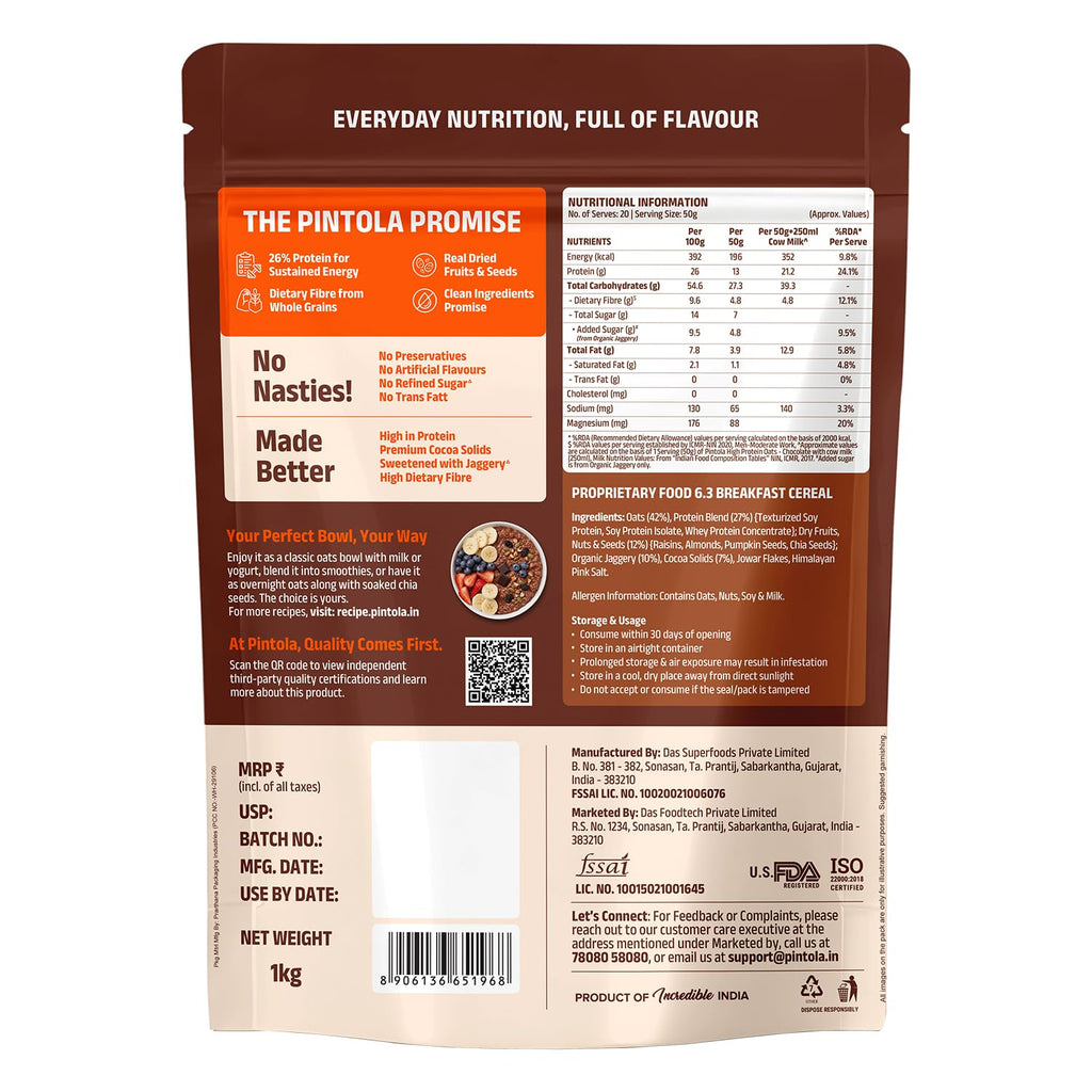 PINTOLA 26g High Protein Oats 1kg, Dark Chocolate, No Refined Sugar, with Almonds, Raisins, Pumpkin & Chia Seeds, 9.6g Fibre, Rolled Oats for Weight Loss, Breakfast Cereals | Gluten Free