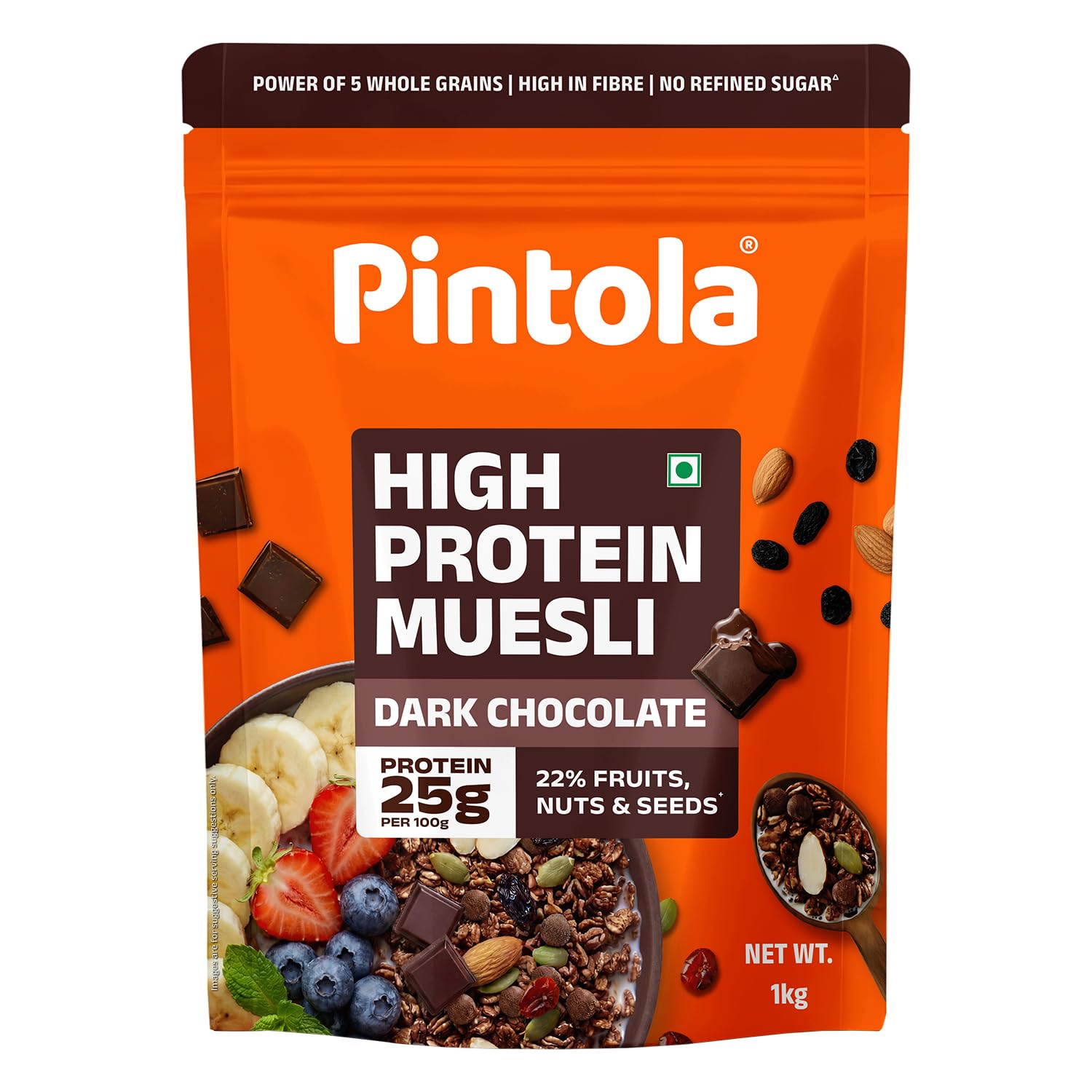 Pintola 25g हाई प्रोटीन डार्क चॉकलेट और क्रैनबेरी मूसली 1kg, कोई रिफाइंड शुगर नहीं, ट्रांस फैट फ्री, हाई फाइबर, ग्लूटेन-फ्री, ब्रेकफास्ट अनाज