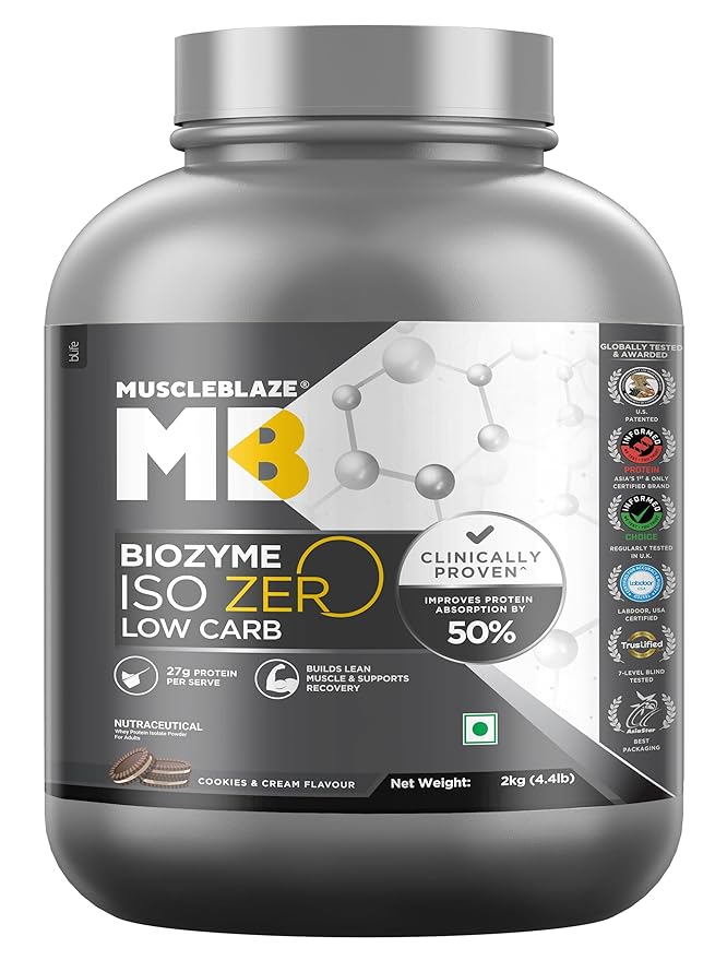MuscleBlaze Biozyme Iso-Zero व्हे प्रोटीन आइसोलेट पाउडर, 2kg (4.4lbs) | कुकीज़ और क्रीम | स्कूप प्रति 27g व्हे प्रोटीन | USA पेटेंट-प्रकाशित एन्हांस्ड एब्जॉर्प्शन फॉर्मूला (EAF)