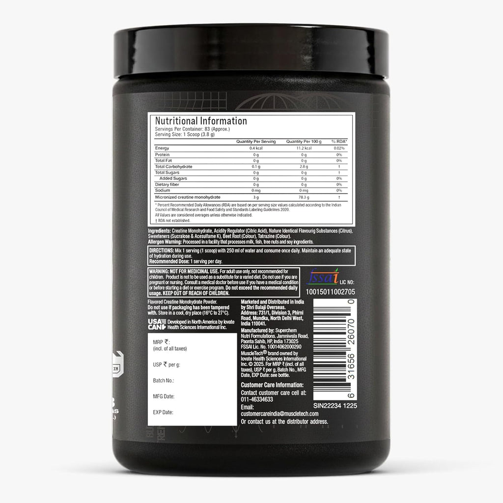MuscleTech Platinum Creatine माइक्रोनाइज्ड पाउडर | 83 सर्विंग्स, साइट्रस ब्लास्ट | स्ट्रेंथ, पावर और मसल रिकवरी में सुधार करता है |Muscletech क्रिएटिन फ्लेवर्ड - 315g