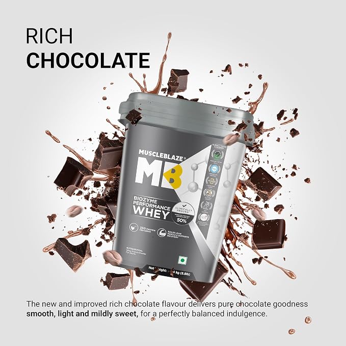 MuscleBlaze Biozyme प्रदर्शन व्हे प्रोटीन पाउडर, 4kg (8.8lbs) | रिच चॉकलेट | स्कूप प्रति 25g प्रोटीन | चिकित्सकीय परीक्षण 50% उच्च प्रोटीन अवशोषण