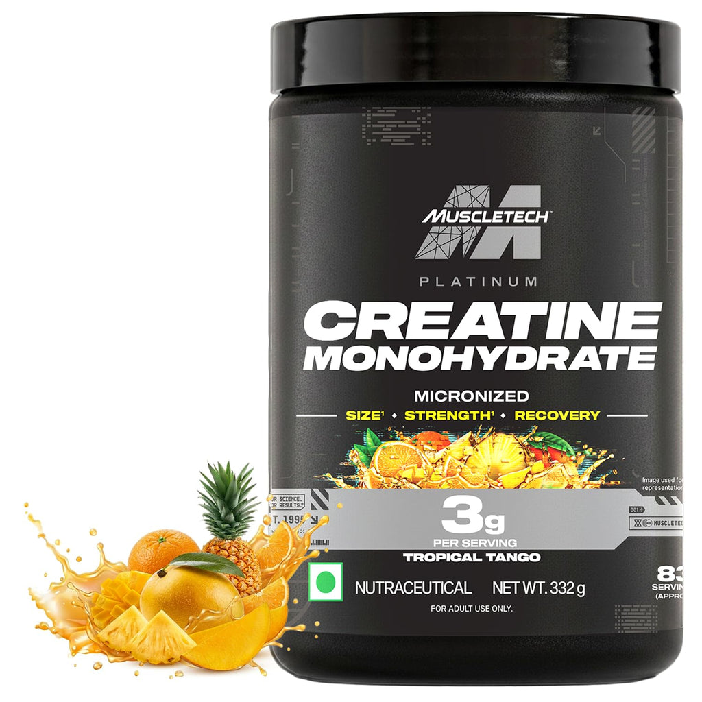 MuscleTech प्लैटिनम क्रिएटिन माइक्रोनाइज्ड पाउडर | 83 सर्विंग्स, ट्रॉपिकल टैंगो | स्ट्रेंथ, पावर और मसल रिकवरी में सुधार करता है |Muscletech क्रिएटिन फ्लेवर्ड - 332g