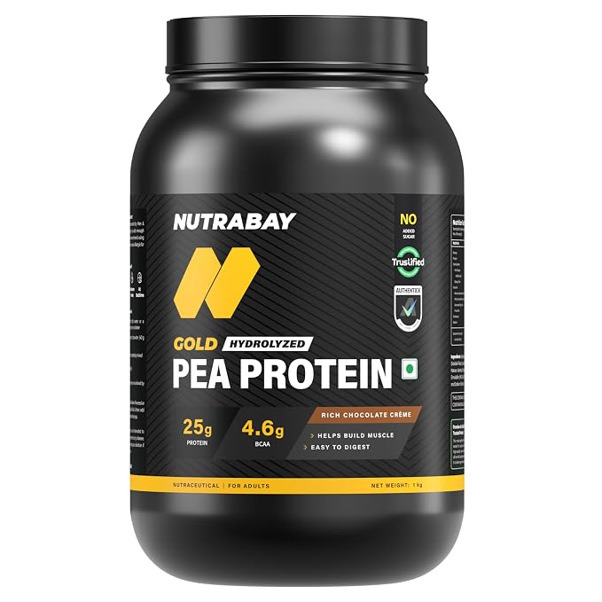 NUTRABAY Gold Hydrolyzed Pea Protein Powder - 1kg, Rich Chocolate Crème | 25g Protein, 4.6g BCAA, 5g Fiber | Complete Amino Profile | Tastiest & Smoothest Vegan, Plant Protein | Muscle Gain & Fast Recovery