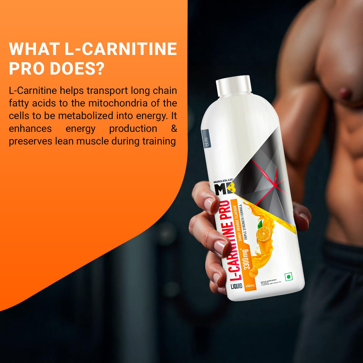 MuscleBlaze Liquid L-Carnitine PRO (Tangy Orange, 450ml) | 3300mg L- Carnitine |Triple Strength Formula
