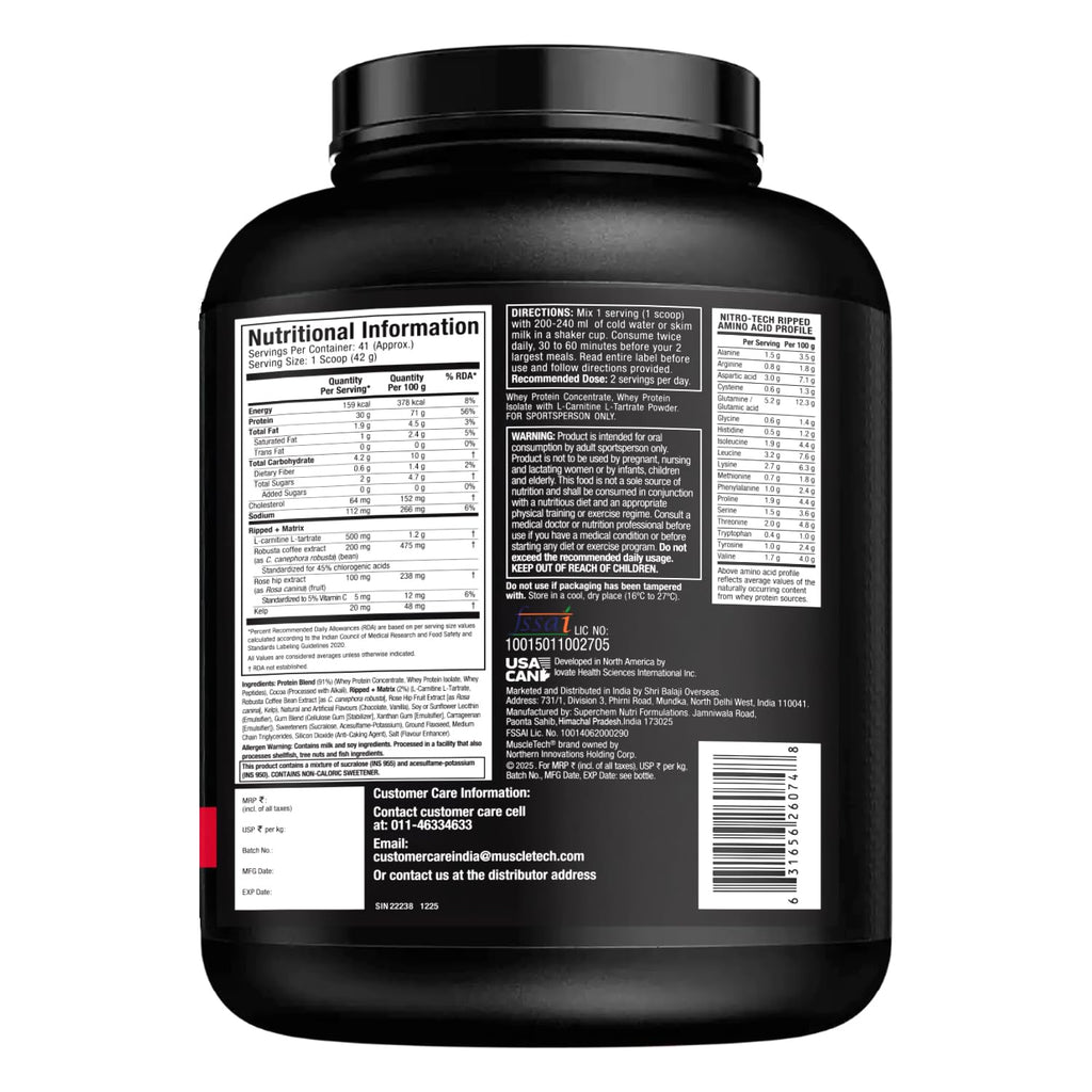 MuscleTech Nitrotech Ripped,1.72 Kg (3.8Lbs),Chocolate Fudge Brownie,Low Fat Lean Whey Protein,+ Weight Management,30 G From Whey Protein,500 G