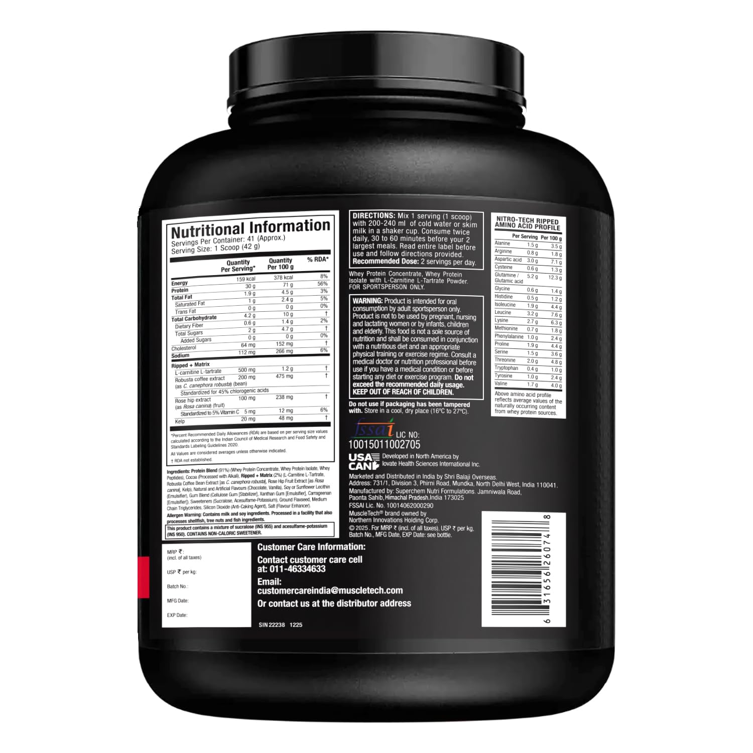MuscleTech Nitrotech Ripped,1.72 Kg (3.8Lbs),Chocolate Fudge Brownie,Low Fat Lean Whey Protein,+ Weight Management,30 G From Whey Protein,500 G