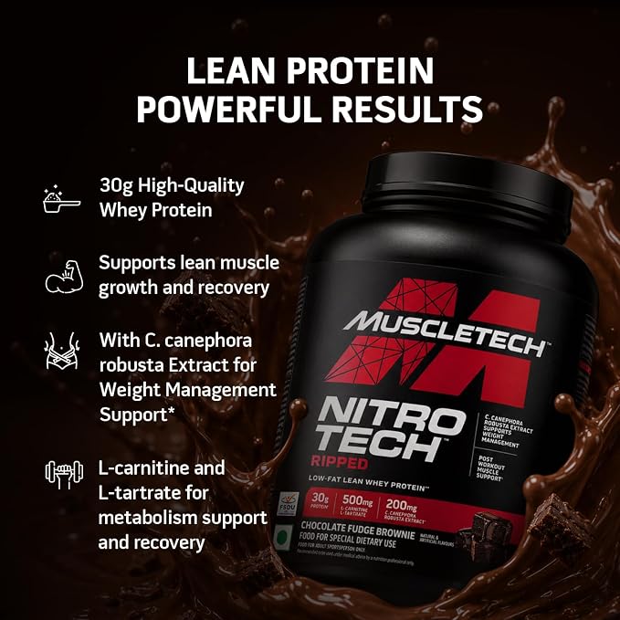 MuscleTech Nitrotech Ripped,1.72 Kg (3.8Lbs),Chocolate Fudge Brownie,Low Fat Lean Whey Protein,+ Weight Management,30 G From Whey Protein,500 G