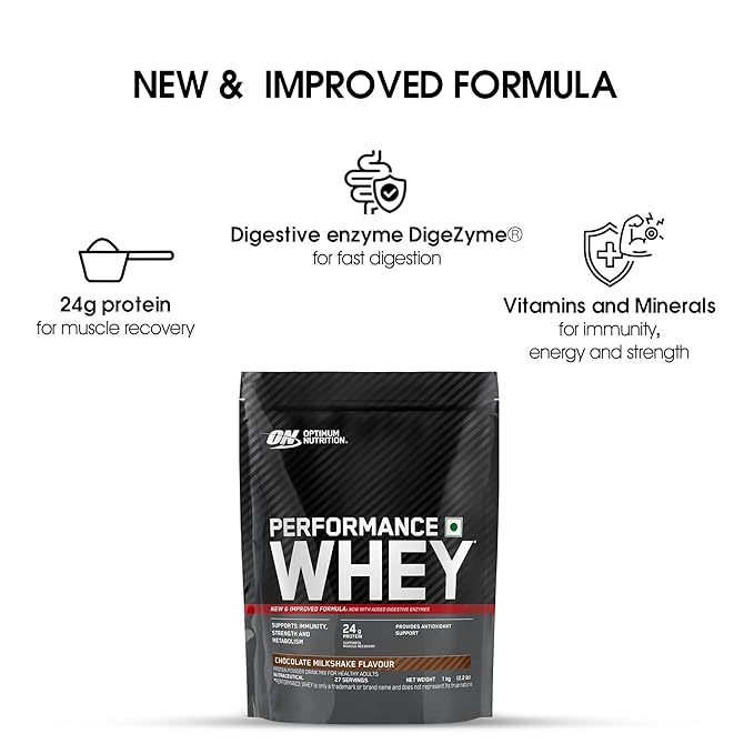 Optimum Nutrition (ON) परफॉरमेंस व्हे प्रोटीन पाउडर, 24g प्रोटीन, 1Kg (चॉकलेट मिल्कशेक), अल्ट्रा-फिल्टर्ड और कॉन्सेंट्रेटेड ऑल-व्हे प्रोटीन
