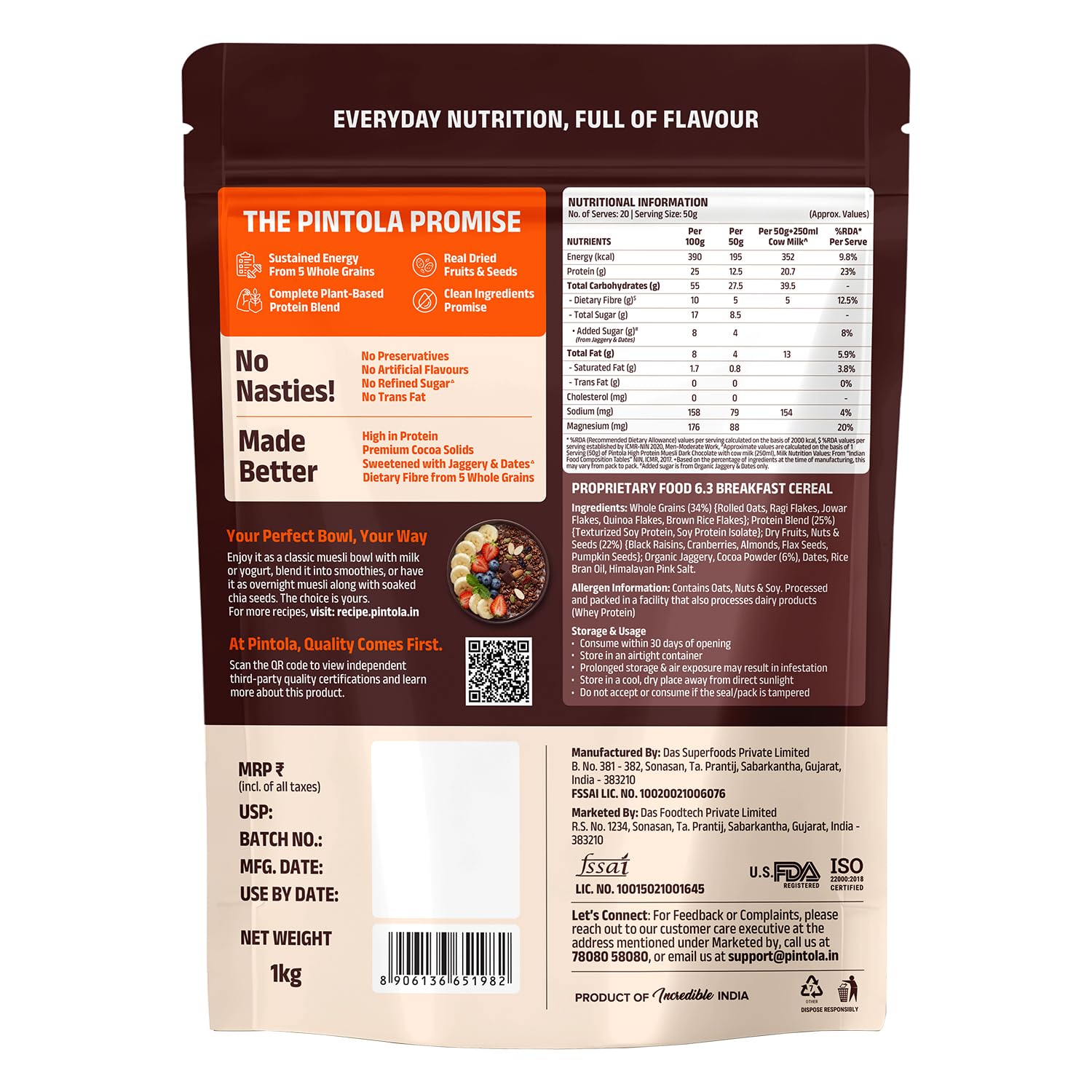 Pintola 25g हाई प्रोटीन डार्क चॉकलेट और क्रैनबेरी मूसली 1kg, कोई रिफाइंड शुगर नहीं, ट्रांस फैट फ्री, हाई फाइबर, ग्लूटेन-फ्री, ब्रेकफास्ट अनाज