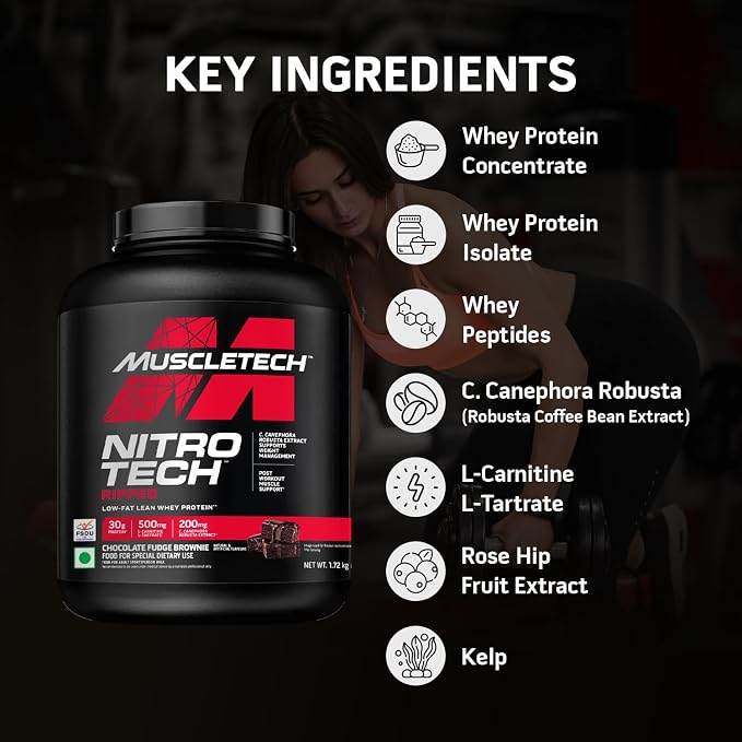 MuscleTech Nitrotech Ripped,1.72 Kg (3.8Lbs),Chocolate Fudge Brownie,Low Fat Lean Whey Protein,+ Weight Management,30 G From Whey Protein,500 G