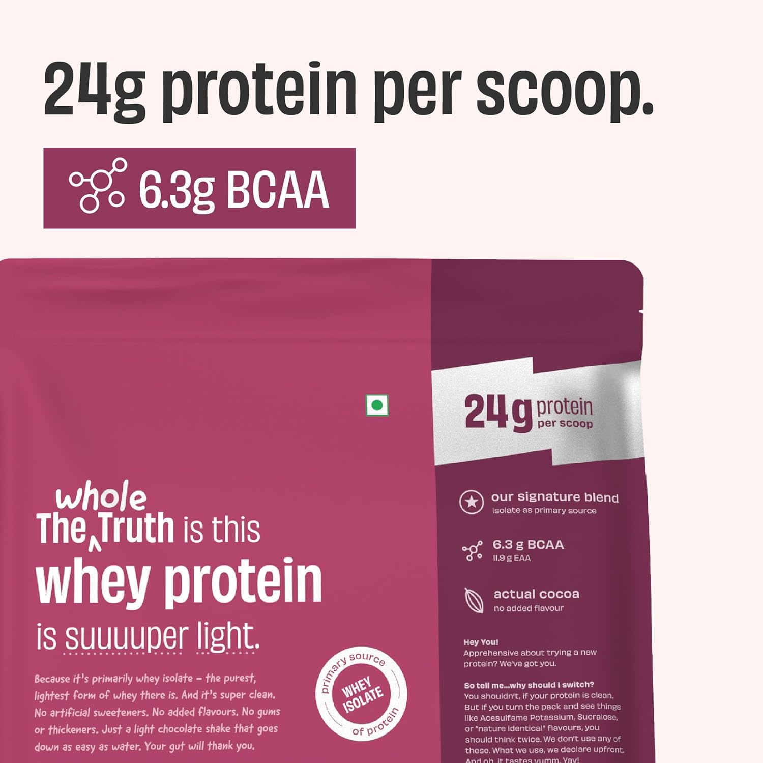 The Whole Truth व्हे प्रोटीन आइसोलेट+कॉन्सेंट्रेट | हल्का कोको 1kg (2.2 lbs) | 24g प्रोटीन प्रति स्कूप | 6.3g BCAA | कोई मिलावट नहीं | साफ, हल्का और पचाने में आसान | शाकाहारी | कोई कृत्रिम स्वाद नहीं
