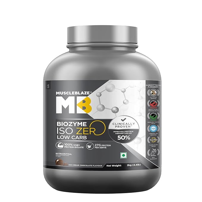 Muscleblaze Iso-zero ज़ीरो-कार्ब 100% व्हे प्रोटीन आइसोलेट | आइसक्रीम चॉकलेट | स्कूप प्रति 27g प्रोटीन | यूएसए पेटेंट-प्रकाशित बढ़ाया अवशोषण सूत्र (EAF)