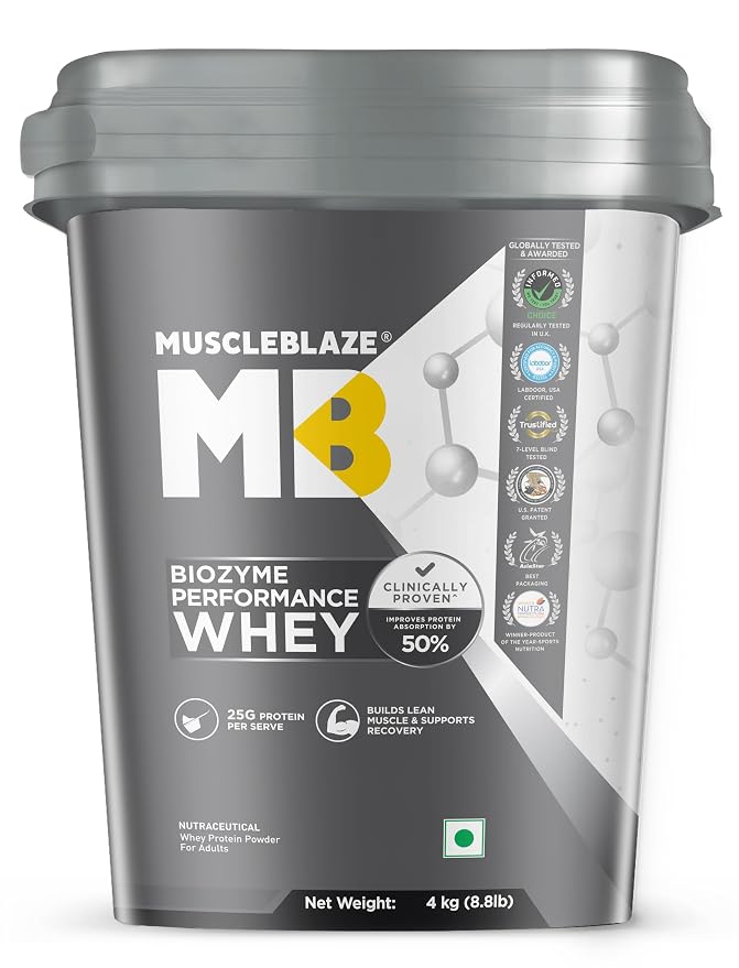 MuscleBlaze Biozyme प्रदर्शन व्हे प्रोटीन पाउडर, 4kg (8.8lbs) | रिच चॉकलेट | स्कूप प्रति 25g प्रोटीन | चिकित्सकीय परीक्षण 50% उच्च प्रोटीन अवशोषण