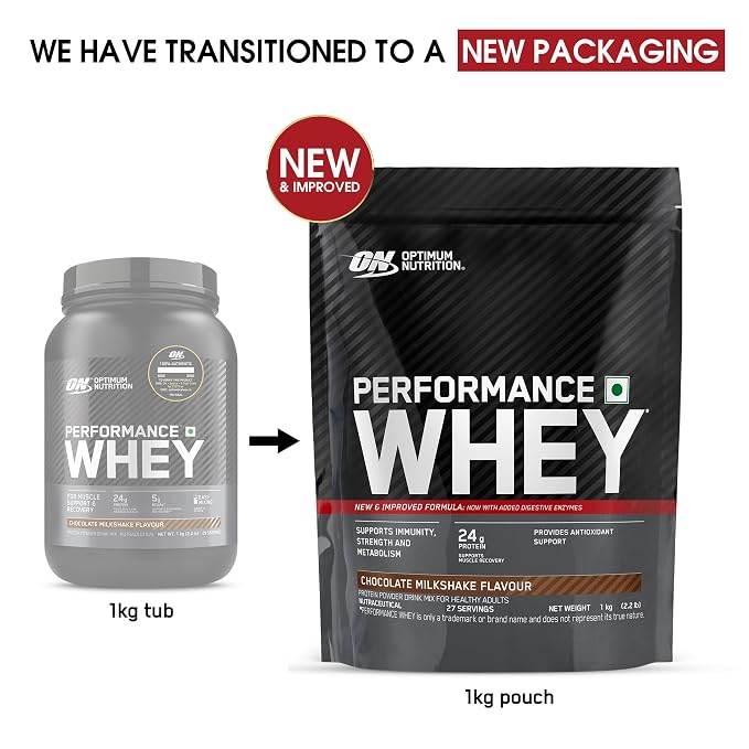 Optimum Nutrition (ON) परफॉरमेंस व्हे प्रोटीन पाउडर, 24g प्रोटीन, 1Kg (चॉकलेट मिल्कशेक), अल्ट्रा-फिल्टर्ड और कॉन्सेंट्रेटेड ऑल-व्हे प्रोटीन