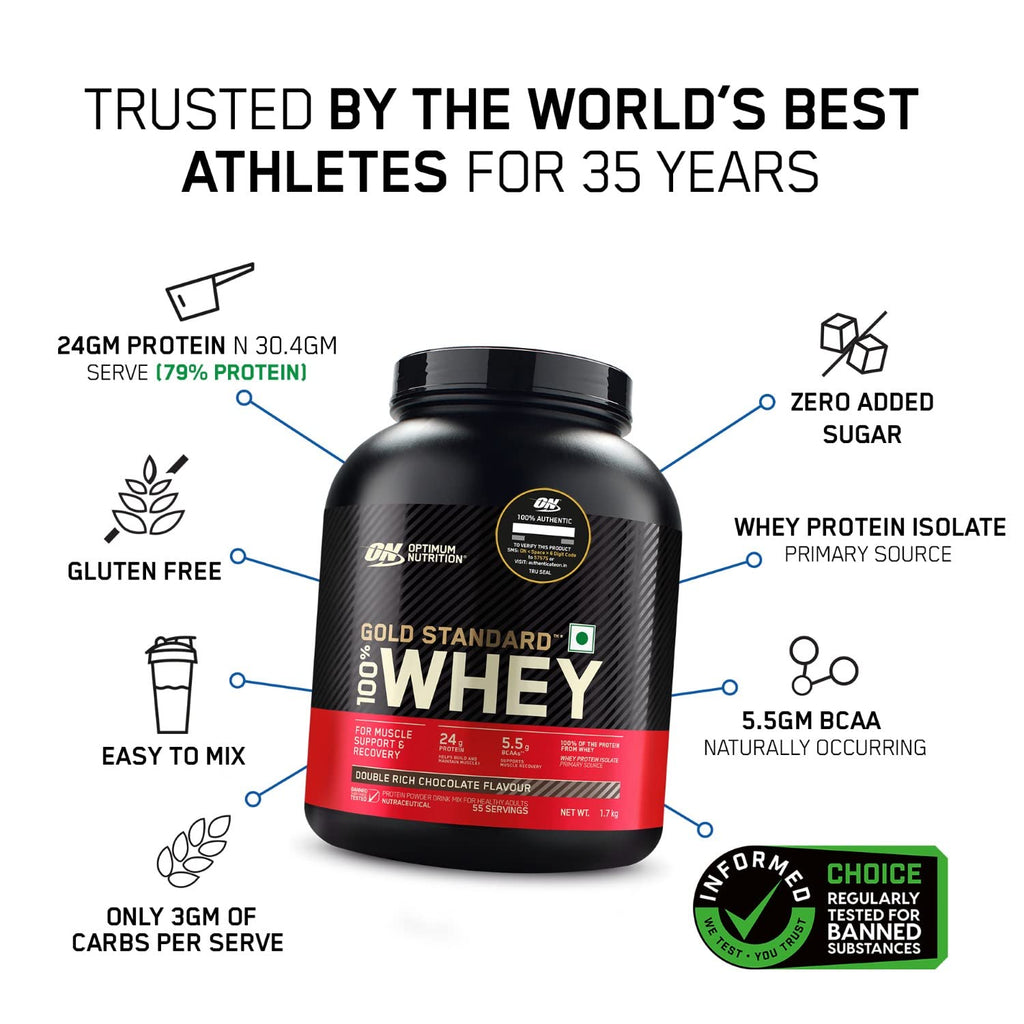 Optimum Nutrition (ON) Gold Standard 100% Whey Protein Powder 1.7 Kg (Double Rich Chocolate), 55 Serves, for Muscle Support & Recovery, Vegetarian - Primary Source Whey Isolate