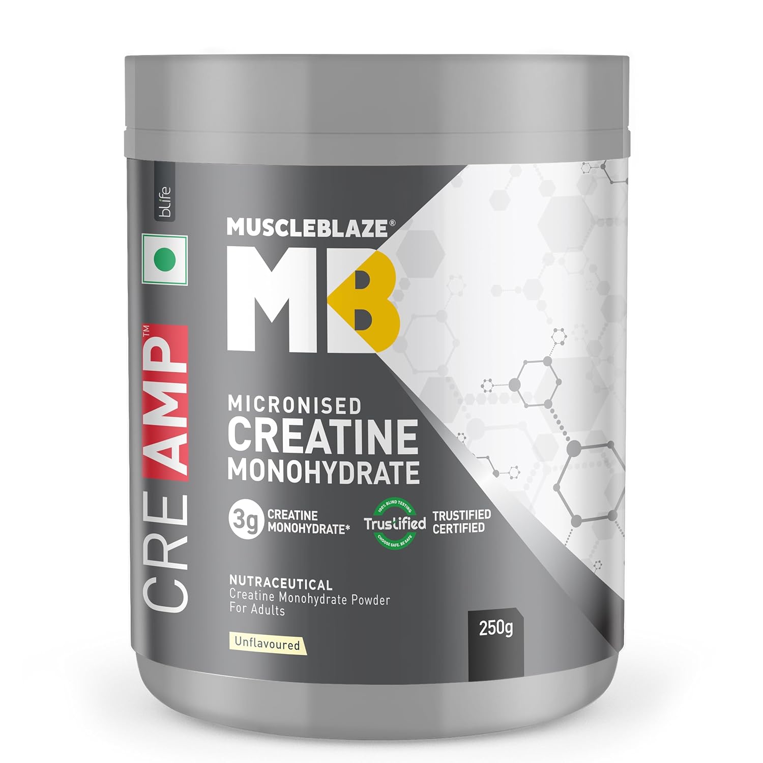 MuscleBlaze Micronised Creatine Monohydrate CreAMP Powder, Unflavoured (80 Servings, 250g) |