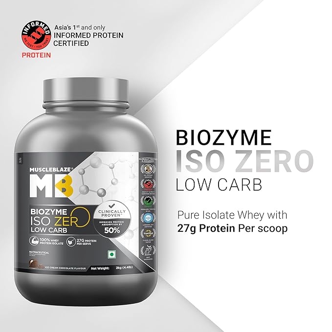 Muscleblaze Iso-zero ज़ीरो-कार्ब 100% व्हे प्रोटीन आइसोलेट | आइसक्रीम चॉकलेट | स्कूप प्रति 27g प्रोटीन | यूएसए पेटेंट-प्रकाशित बढ़ाया अवशोषण सूत्र (EAF)