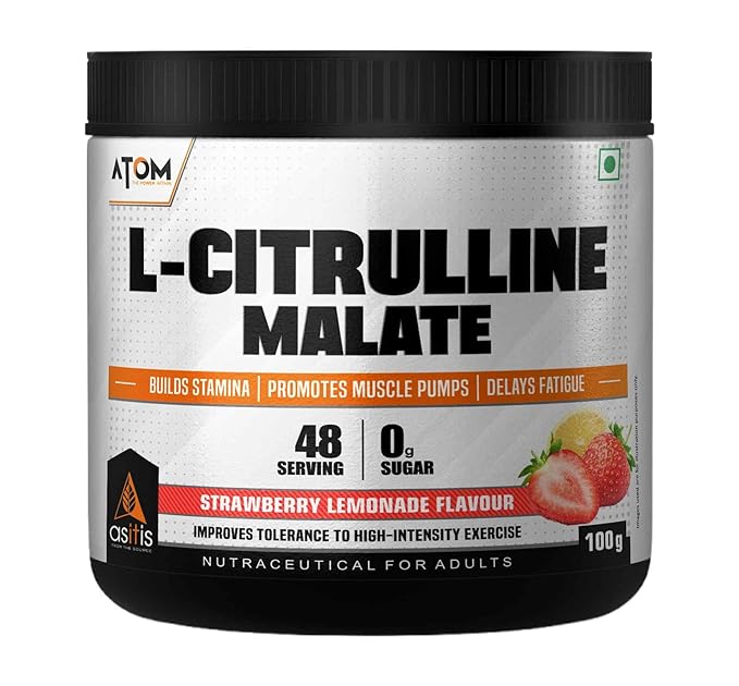 AS-IT-IS ATOM L Citrulline Malate 2:1-100gms | 48 servings | 0 Sugar | Improves Tolerance to High-Intensity exercise | Builds Stamina | Strawberry Lemonade