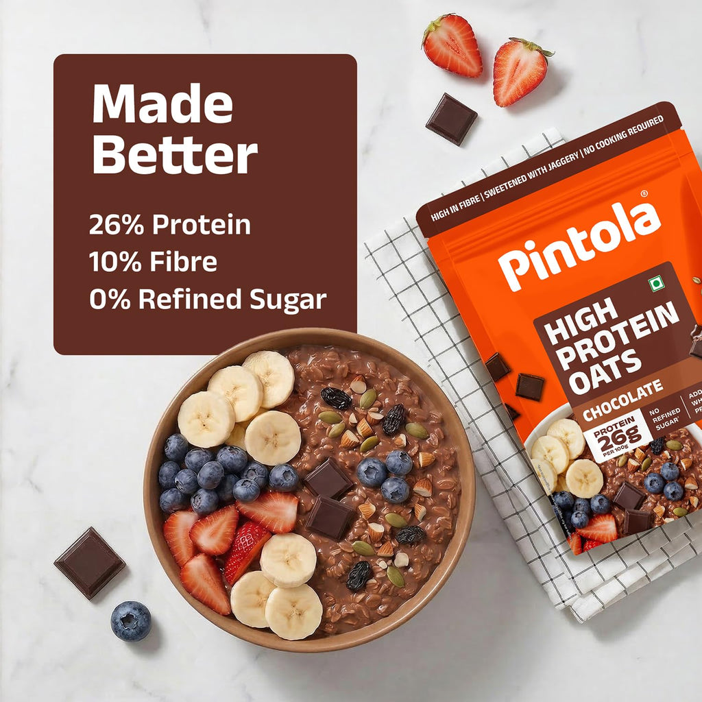 PINTOLA 26g High Protein Oats 1kg, Dark Chocolate, No Refined Sugar, with Almonds, Raisins, Pumpkin & Chia Seeds, 9.6g Fibre, Rolled Oats for Weight Loss, Breakfast Cereals | Gluten Free
