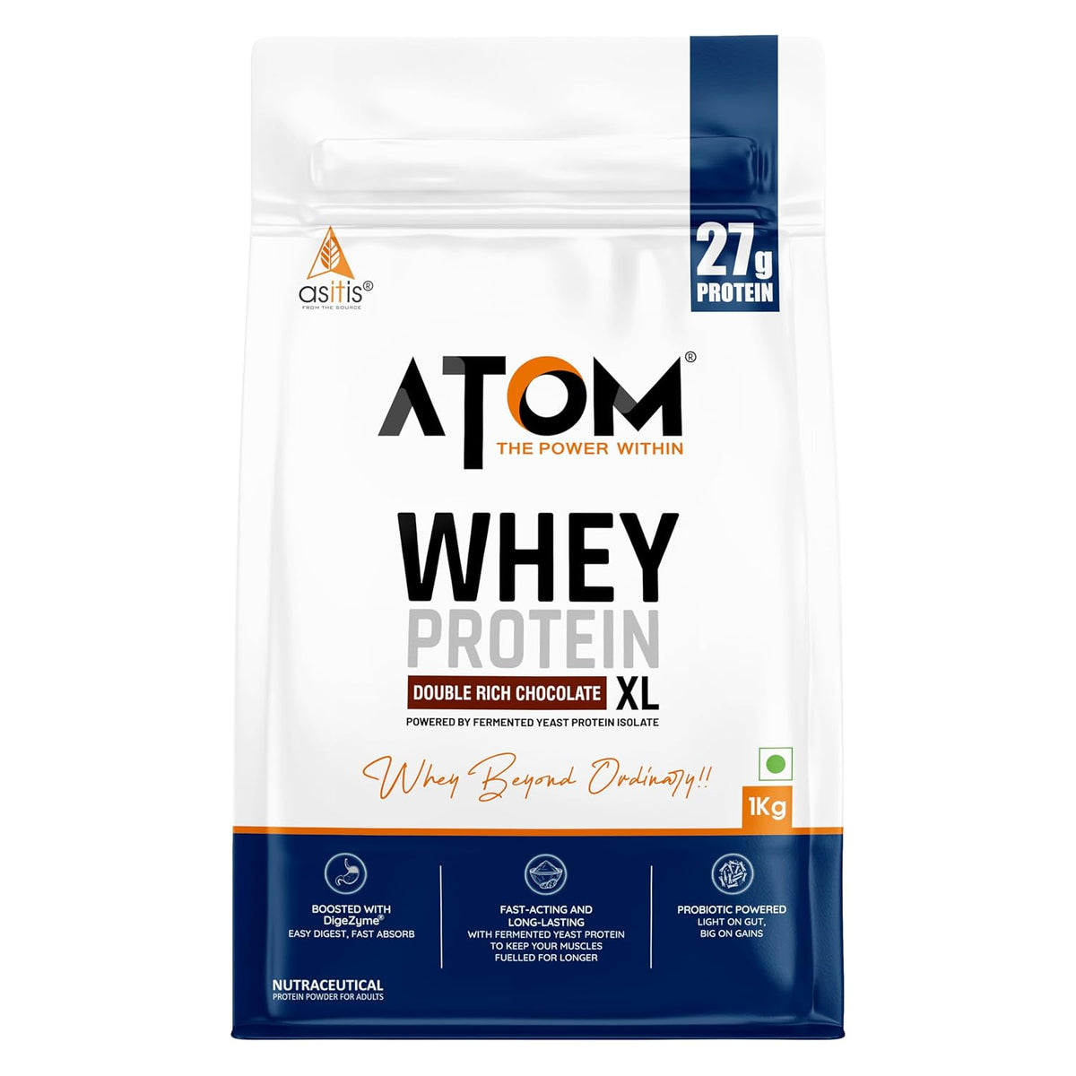 AS-IT-IS ATOM Whey Protein XL - with DigeZyme® & Fermented Yeast Protein I High Absorption, Double Rich Chocolate, 1kg