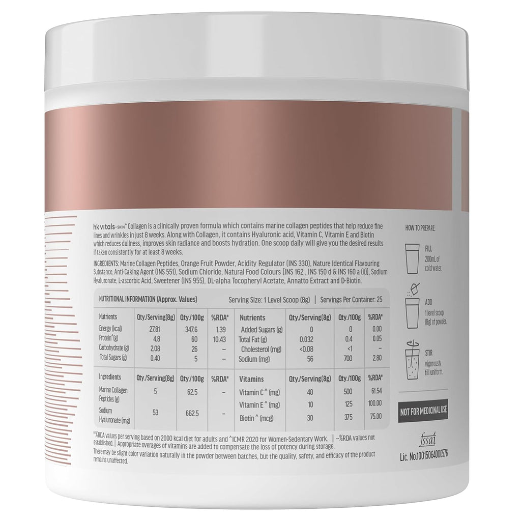 HealthKart HK Vitals स्किन रेडिएशन कोलेजन पाउडर, मरीन कोलेजन (ऑरेंज (नारंगी), 200 g), महिलाओं और पुरुषों के लिए कोलेजन सप्लीमेंट बायोटिन के साथ, विटामिन C, E,