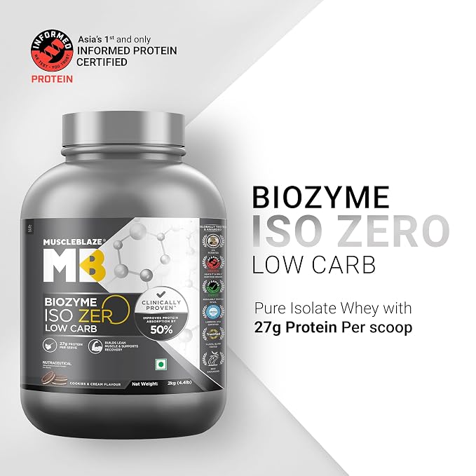 MuscleBlaze Biozyme Iso-Zero व्हे प्रोटीन आइसोलेट पाउडर, 2kg (4.4lbs) | कुकीज़ और क्रीम | स्कूप प्रति 27g व्हे प्रोटीन | USA पेटेंट-प्रकाशित एन्हांस्ड एब्जॉर्प्शन फॉर्मूला (EAF)