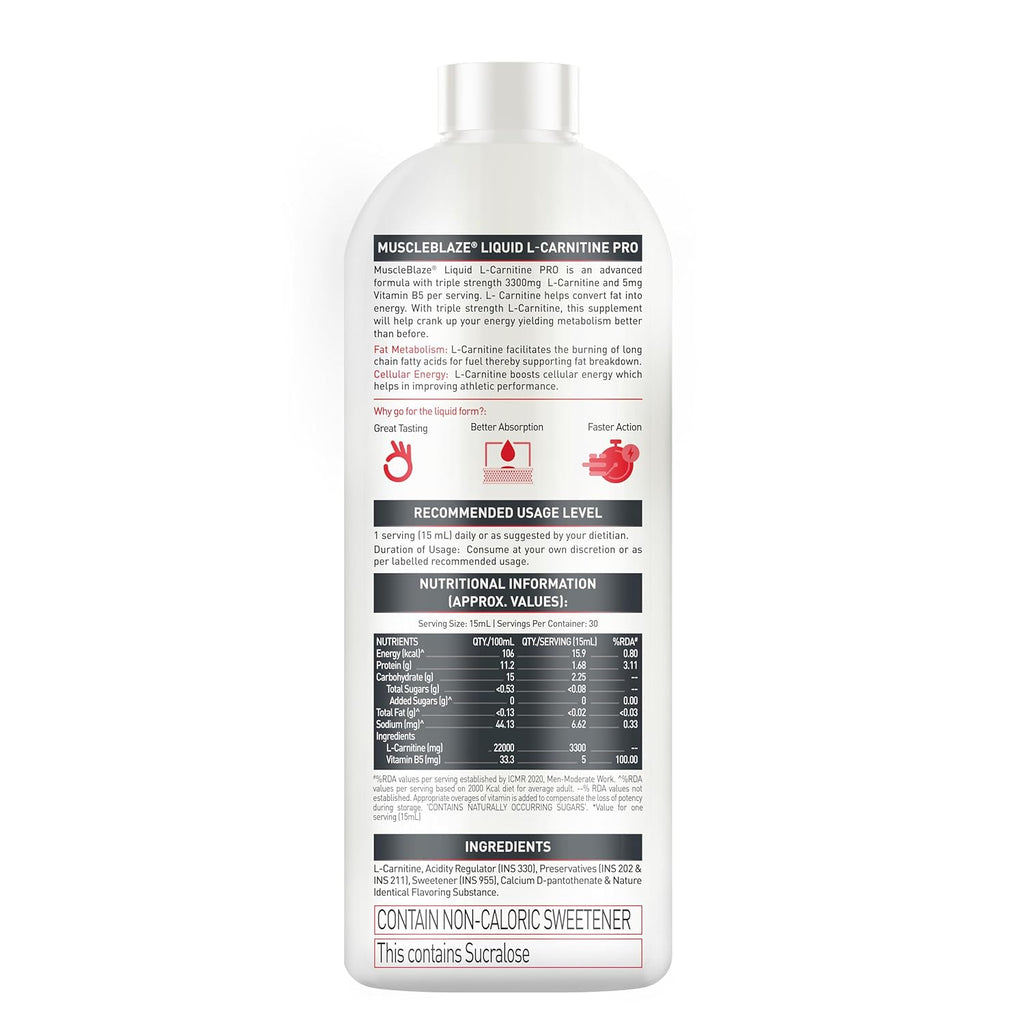 MuscleBlaze Liquid L-Carnitine PRO (Tangy Orange, 450ml) | 3300mg L- Carnitine |Triple Strength Formula