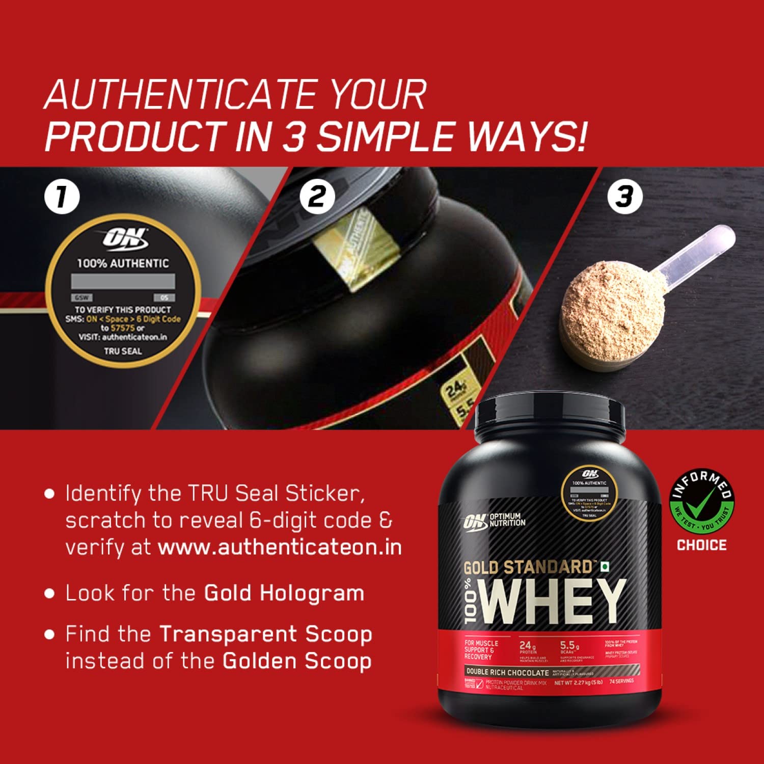 Optimum Nutrition (ON) Gold Standard 100% Whey Protein Powder 1.7 Kg (Double Rich Chocolate), 55 Serves, for Muscle Support & Recovery, Vegetarian - Primary Source Whey Isolate