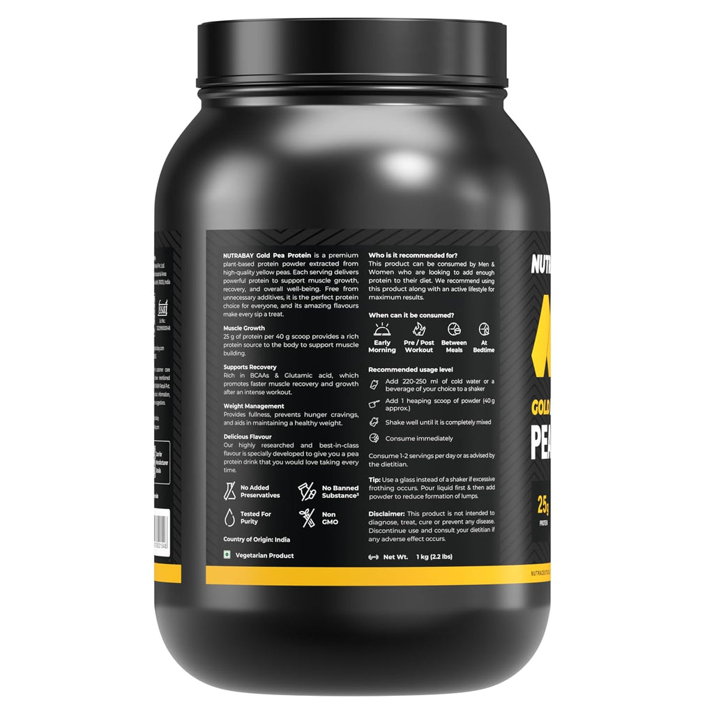 NUTRABAY Gold Hydrolyzed Pea Protein Powder - 1kg, Rich Chocolate Crème | 25g Protein, 4.6g BCAA, 5g Fiber | Complete Amino Profile | Tastiest & Smoothest Vegan, Plant Protein | Muscle Gain & Fast Recovery