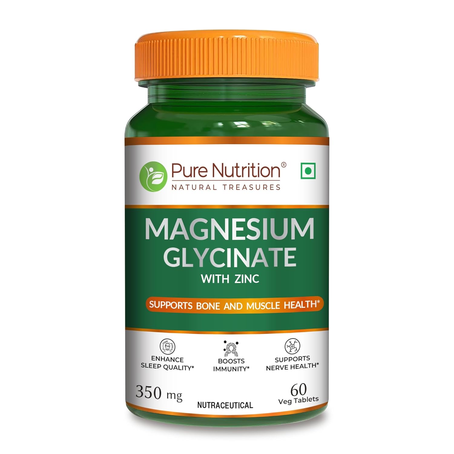 Pure Nutrition Magnesium Glycinate with Zinc Supplement 350 mg - 60 Tablets | High Absorption Magnesium Supplement for Bone, Muscle & Nerve Vitality | Supports Calm, Sleep Quality & Cramp Relief