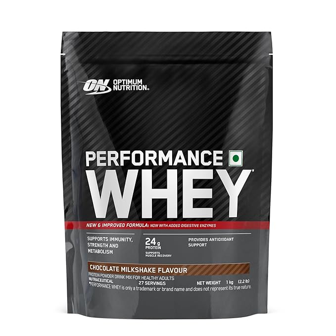 Optimum Nutrition (ON) परफॉरमेंस व्हे प्रोटीन पाउडर, 24g प्रोटीन, 1Kg (चॉकलेट मिल्कशेक), अल्ट्रा-फिल्टर्ड और कॉन्सेंट्रेटेड ऑल-व्हे प्रोटीन