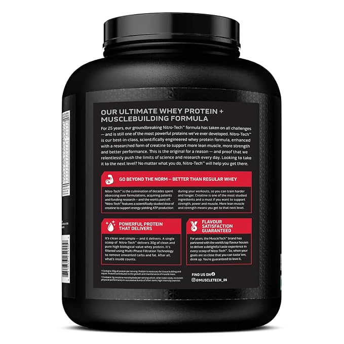 MuscleTech नाइट्रो-टेक व्हे प्रोटीन, 1.72kg (3.8lbs), वेनिला क्रीम, 30g प्रोटीन, 3g क्रिएटिन मोनोहाइड्रेट, 6.7g BCAA, परम मांसपेशी निर्माण सूत्र, शक्ति और प्रदर्शन में वृद्धि