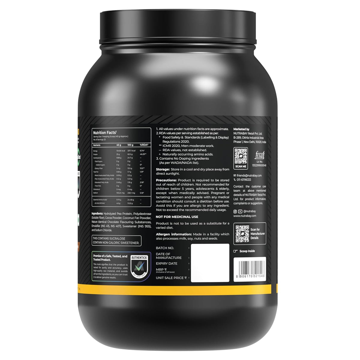 NUTRABAY Gold Hydrolyzed Pea Protein Powder - 1kg, Rich Chocolate Crème | 25g Protein, 4.6g BCAA, 5g Fiber | Complete Amino Profile | Tastiest & Smoothest Vegan, Plant Protein | Muscle Gain & Fast Recovery