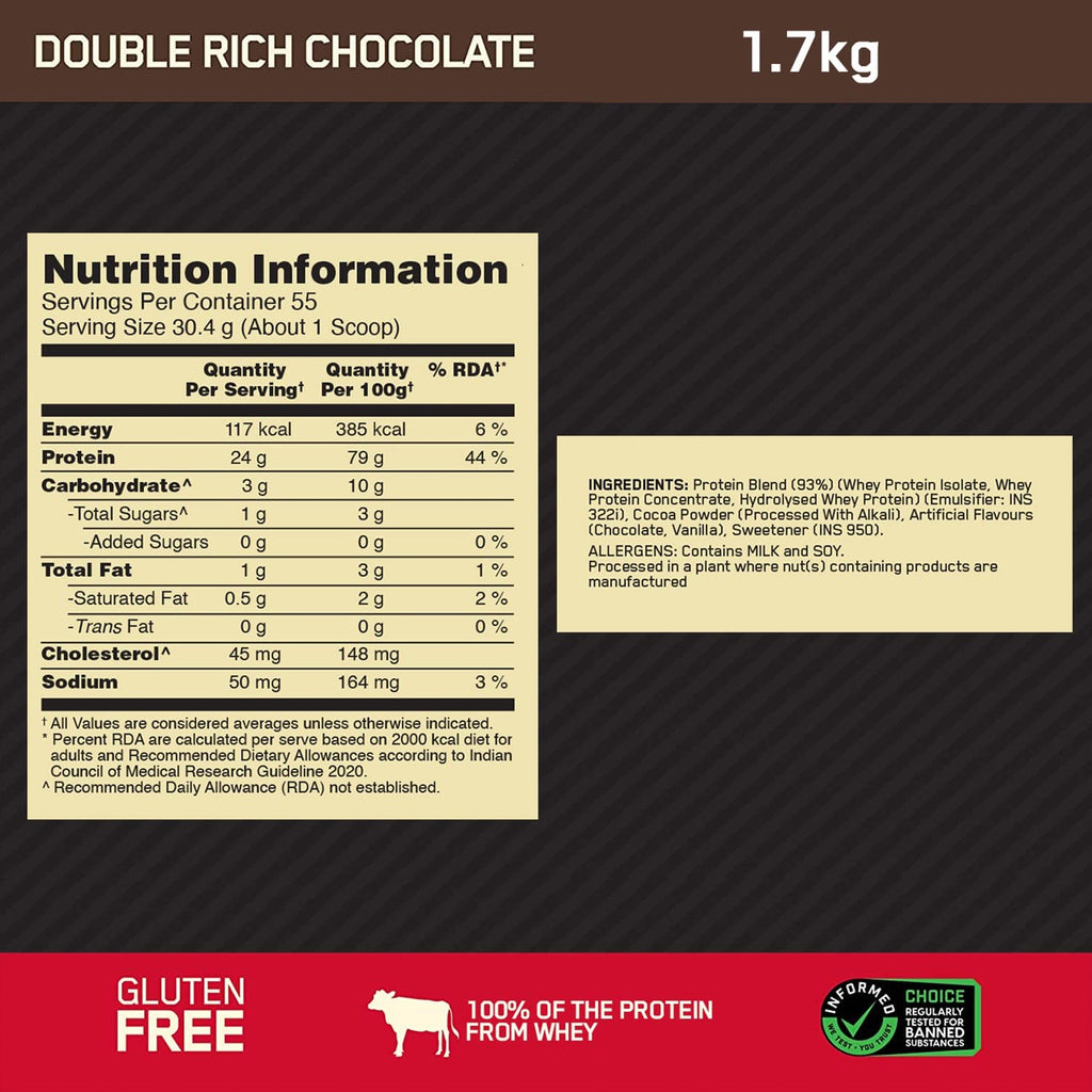 Optimum Nutrition (ON) Gold Standard 100% Whey Protein Powder 1.7 Kg (Double Rich Chocolate), 55 Serves, for Muscle Support & Recovery, Vegetarian - Primary Source Whey Isolate