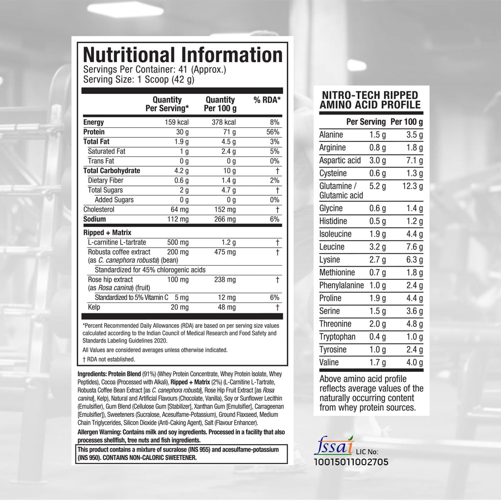 MuscleTech Nitrotech Ripped,1.72 Kg (3.8Lbs),Chocolate Fudge Brownie,Low Fat Lean Whey Protein,+ Weight Management,30 G From Whey Protein,500 G